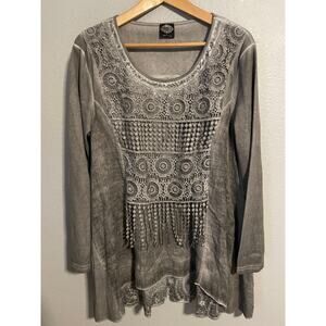 Cal Style Tunic Womens Large Gray Crochet Lace Boho Long Sleeve Asymmetric Fairy